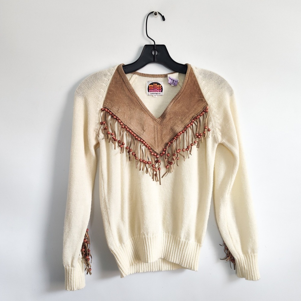 Miller Outerwear Vintage Sweater Small Western Fringe Beaded Suede‎ Yoke Cream